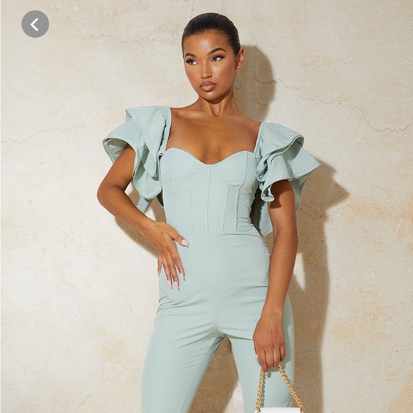 Sage green lace back frill sleeve jumpsuit NWOT - Picture 2 of 4